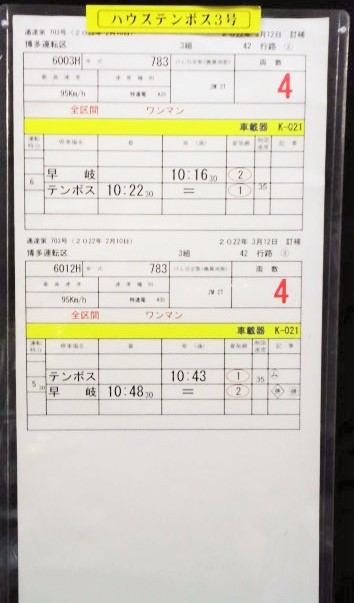 画像: 特急「みどり　3号・ハウステンボス　3号」（博多＝早岐＝ハウステン）博多運転区　3組　42行路　(1)〜(3)仕業