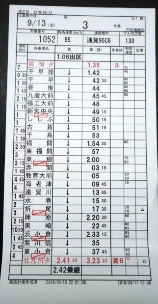 画像: 門司機関区  EL１組 ３仕業 （行路揃い） 幡生操〜北九州ターミナル〜福岡ターミナル　2018/08/13改正  ケースなし