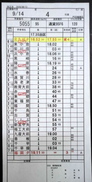 画像: 門司機関区  EL１組 ４仕業 （行路揃い） 北九州ターミナル〜福岡ターミナル〜田代貨物　2018/08/13改正  ケースなし