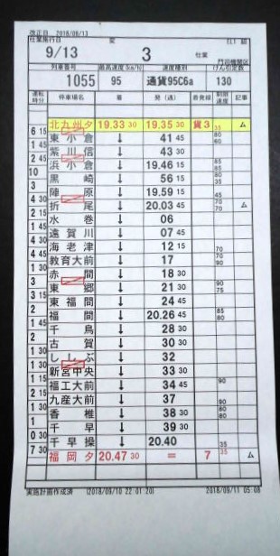 画像: 門司機関区  EL１組 ３仕業 （行路揃い） 幡生操〜北九州ターミナル〜福岡ターミナル　2018/08/13改正  ケースなし