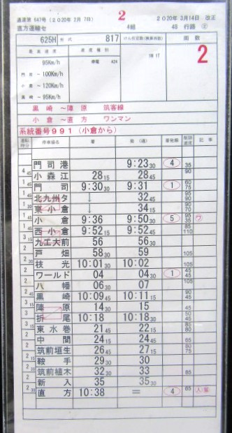 画像: 筑豊線・鹿児島線　直方運輸センター　4組48行路　１〜２仕業　2020年3月14日改正　ケース入り1枚