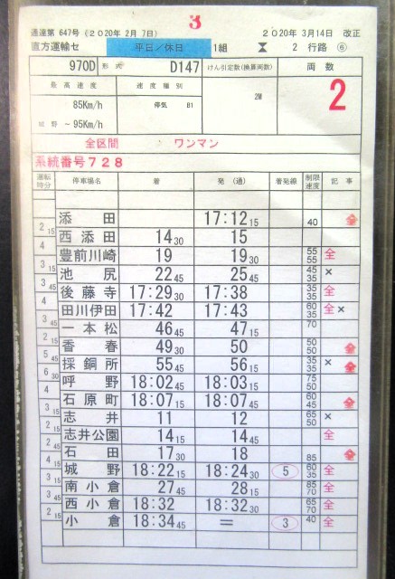 画像: 日田彦山線　直方運輸センター　1組　2行路　６〜８仕業　2020年3月14日改正　ケース入り1枚