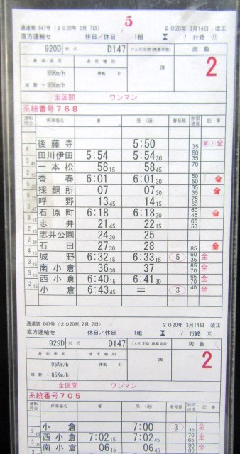 画像: 日田彦山線　直方運輸センター　1組　7行路　11〜14仕業　2020年3月14日改正　ケース入り1枚