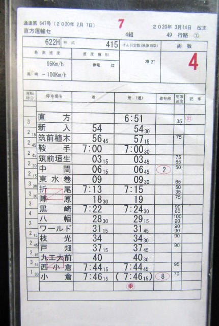 画像: 筑豊線・鹿児島線　直方運輸センター　4組　49行路　７〜８仕業　2020年3月14日改正　ケース入り1枚