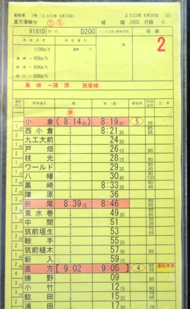 画像: 筑豊線イベント列車　直方運輸センター　組　臨２００３行路　１〜２仕業　2023年8月20日施行　ケース入り1枚