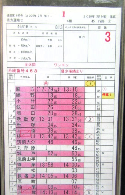 画像: 篠栗線　直方運輸センター　4組　45行路　１〜３仕業　2020年3月14日改正　ケース入り1枚