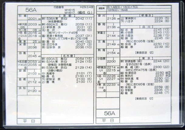 画像1: 新幹線車掌時刻表  東京第二運輸所　　５６A　(のぞみ 　５６号) 　東京行　行路番号　M１６１５　新大阪ー東京  Ｈ２９，３，４改正