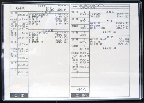 画像: 新幹線車掌時刻表  東京第二運輸所　　６４A　(のぞみ 　６４号) 　東京行　行路番号　M1６２１９　新大阪ー東京  Ｈ２９，３，４改正