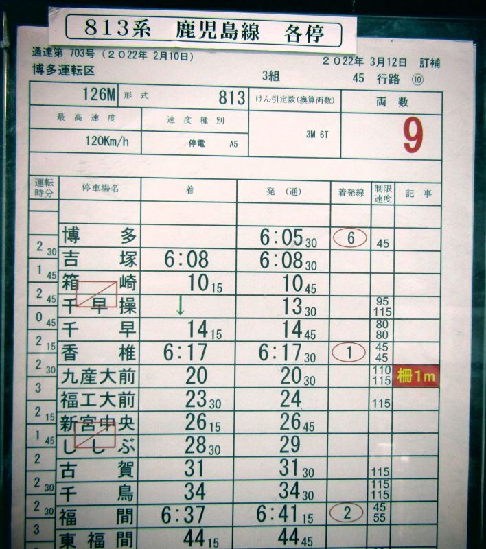 画像: 「鹿児島線　各停」　博多運転区　3組　４５行路　（９）・（１０）仕業