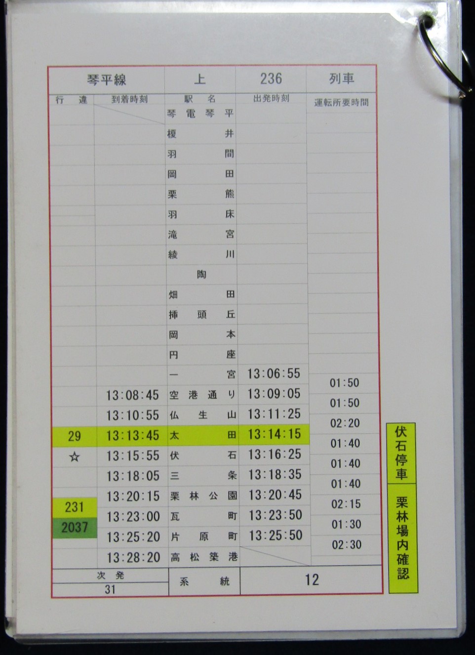 画像: 琴平電鉄　運転士携帯時刻表　「琴平線　12系統」　ケース5枚行路揃い