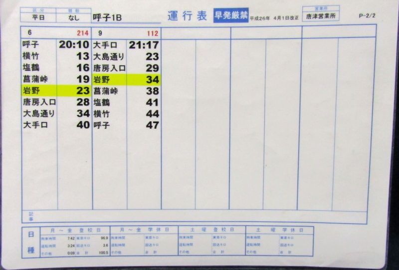 画像2: 昭和バス・唐津営業所　 「平日　呼子１B」　運行表 　H２６，４，１日改正