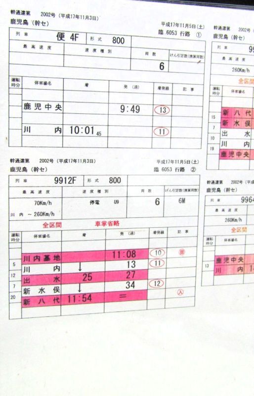 画像2: 九州新幹線　部分開業時（鹿児島中央〜新八代）の運転士携行時刻表　「臨　６０５３行路」平成17年11月5日