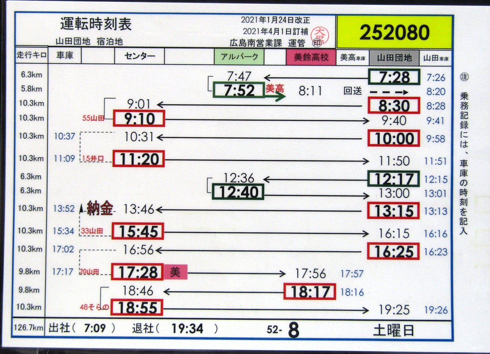 画像1: 広電バス・運転時刻表　　山田団地　５２－８（土曜日）運番　2021年1月24日改正