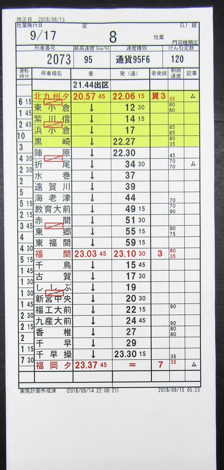 画像2: 門司機関区  EL１組 ８仕業 （行路揃い） 北九州ターミナル〜福岡ターミナル　 2018/08/13改正  ケースなし