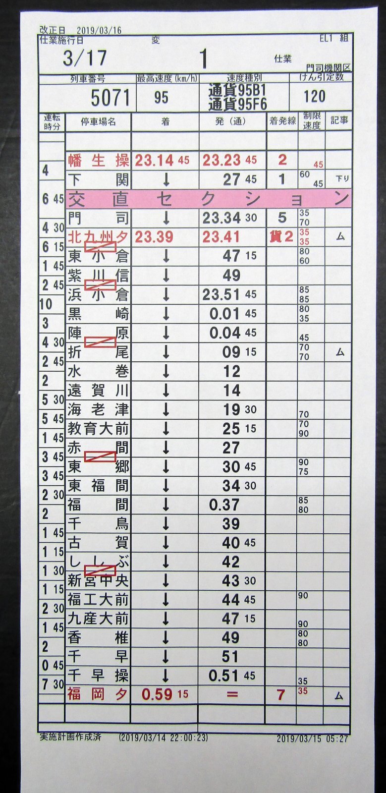 画像3: 門司機関区  EL１組 ３仕業 （行路揃い）北九州ターミナル〜幡生操〜福岡ターミナル　2019/03/16改正  ケースなし