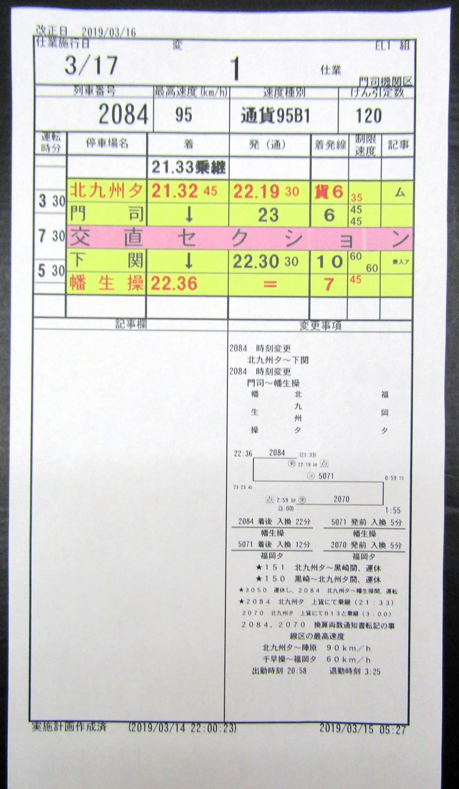 画像2: 門司機関区  EL１組 ３仕業 （行路揃い）北九州ターミナル〜幡生操〜福岡ターミナル　2019/03/16改正  ケースなし