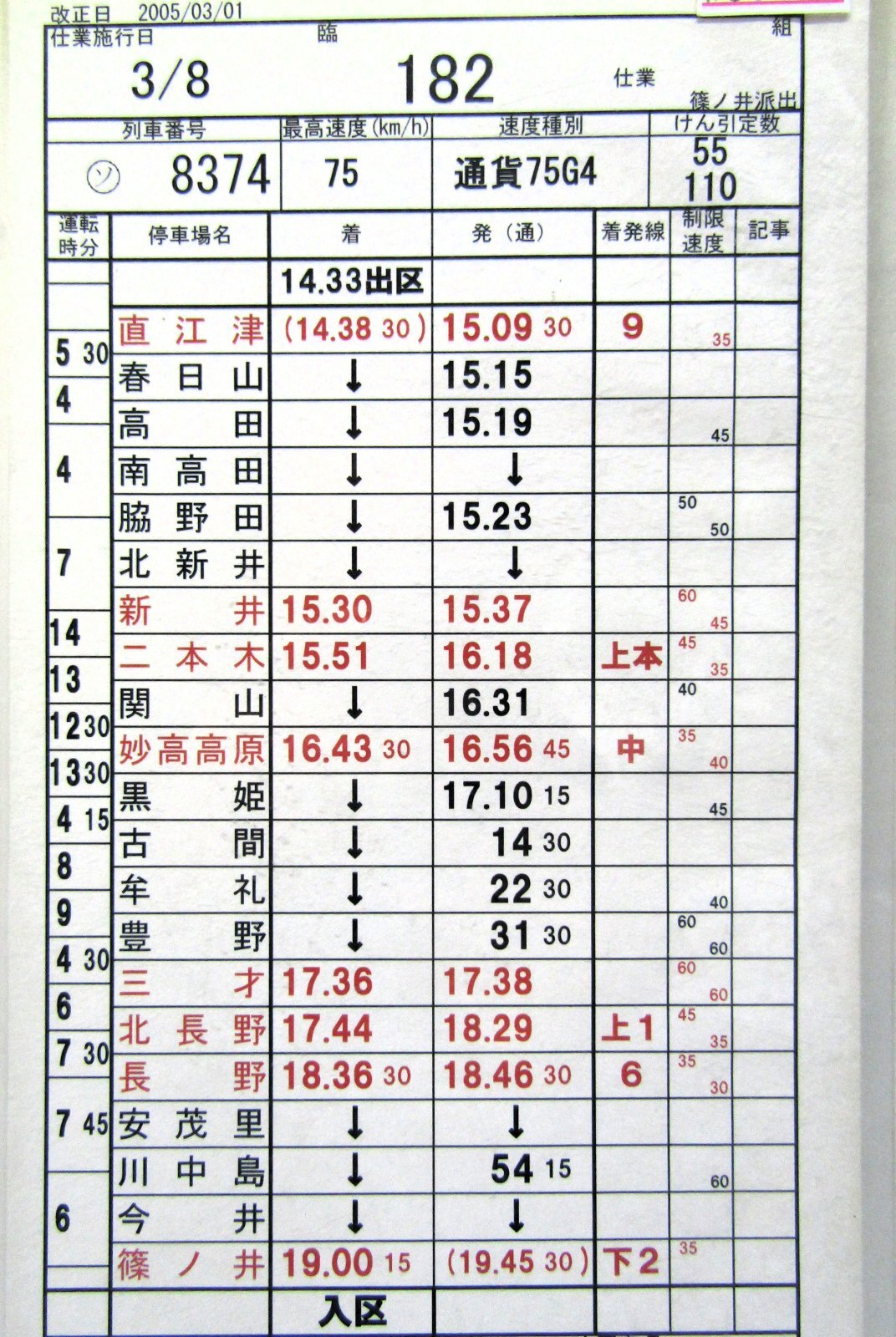 画像3: 篠ノ井派出 「組 　臨１８２仕業 」 2005,03,01改正 行路揃い ケース入り1枚