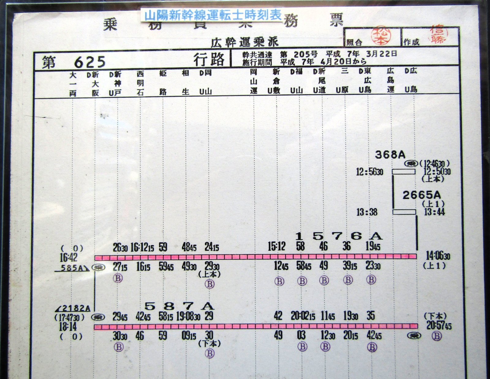 画像2: 山陽新幹線 運転士時刻表   第  ６２５行 路　 広幹運乗派  施行期間;平成７年４月２０日 から
