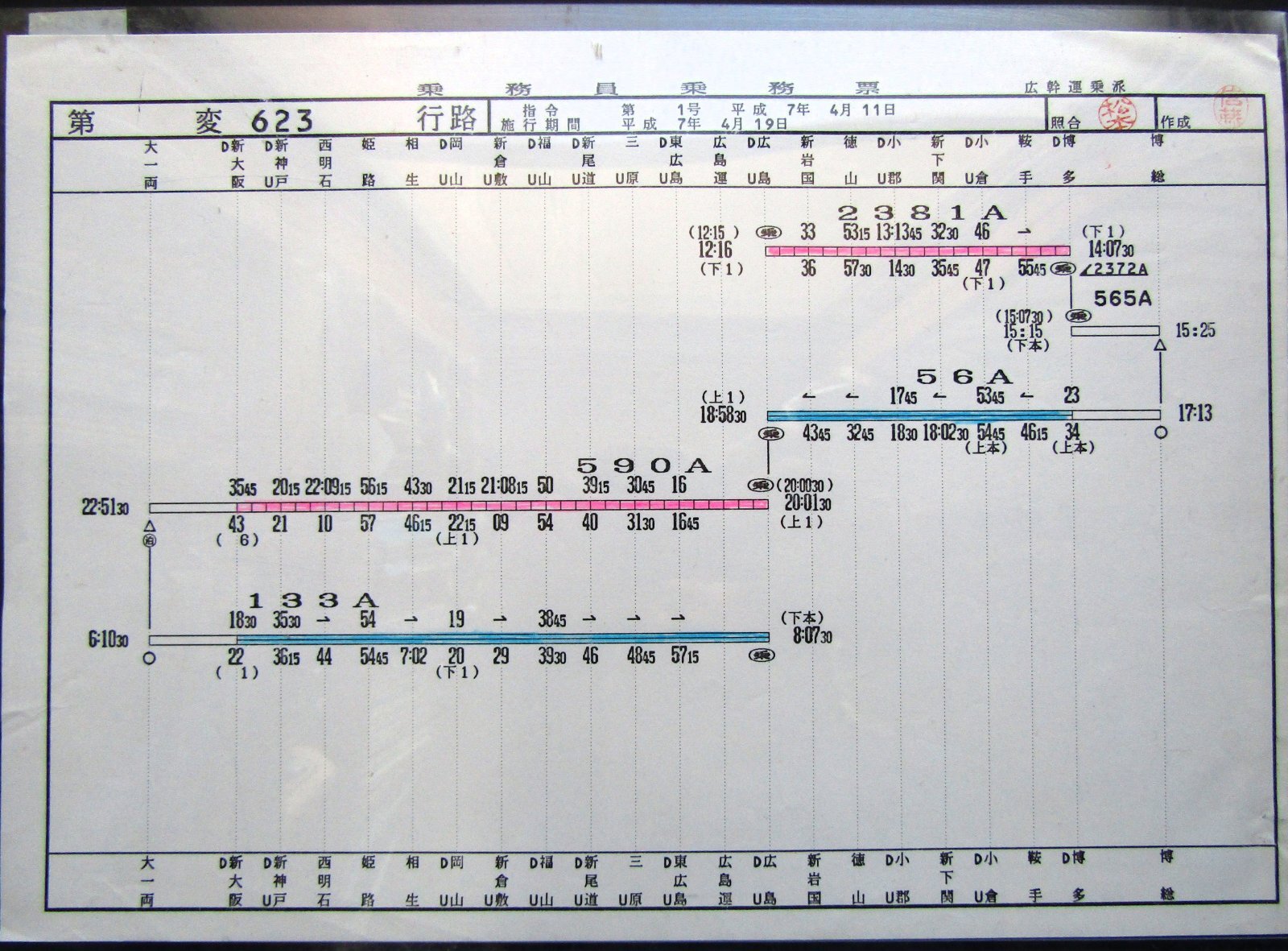 画像1: 山陽新幹線 運転士時刻表  第 ６２３ 行 路 　広幹運乗派 　 施行;平成７年４月１９日 