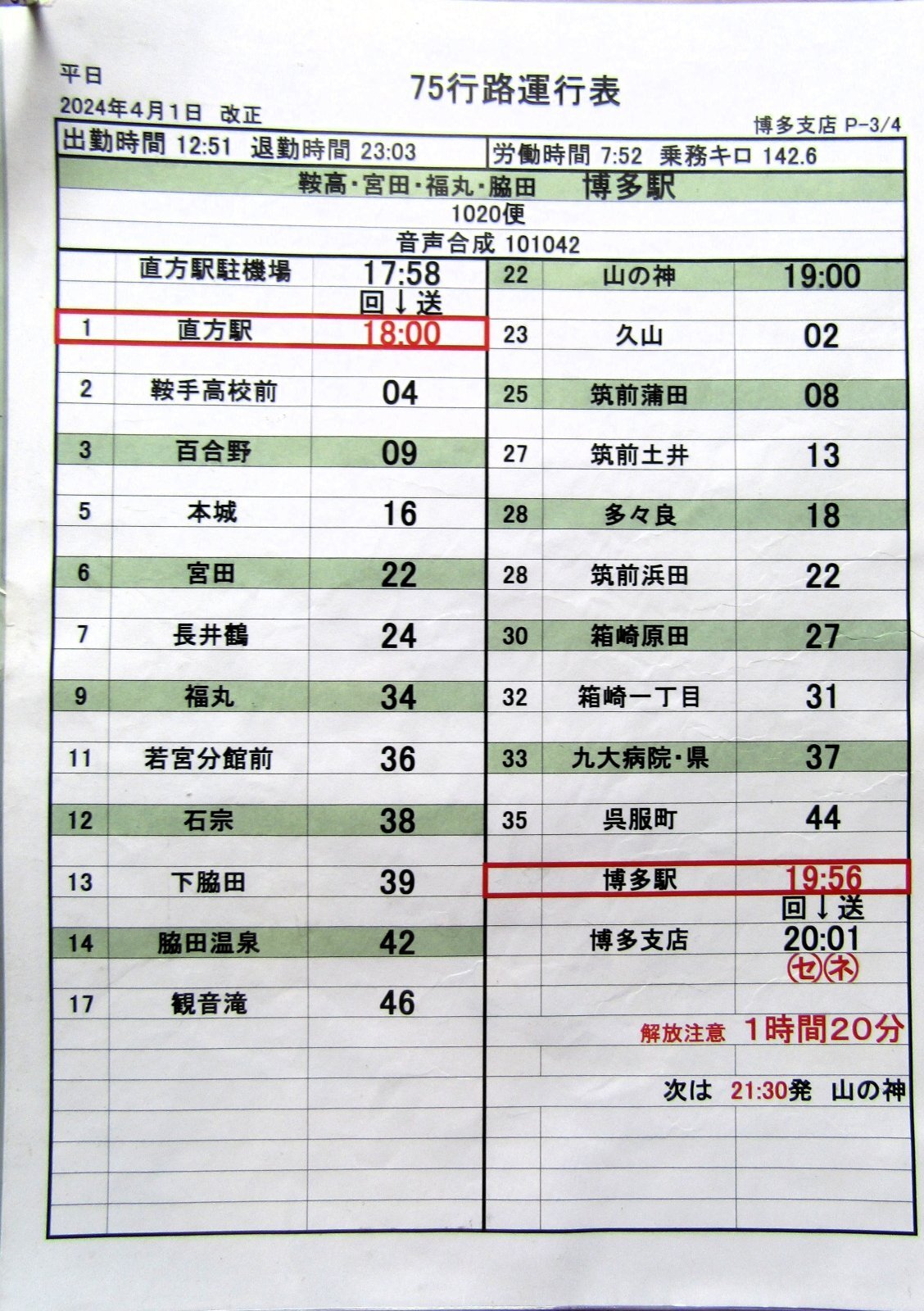 画像4: JRバス九州　福岡支店 　平日　７５行路運行表　 ２０２４，４，１改正　ソフトケース　3枚入り